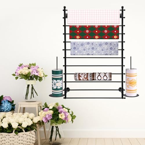 Ribbon Storage Organizer, Wall Mounted Ribbon Organizer, 12-Tier Metal Gift Wrapping Paper Rack, Spool Tie Scarf Hijab Belt Towel Hanger, for Home, Craft Room, Flower Shop, Black, 31.5in Wide - Image 3