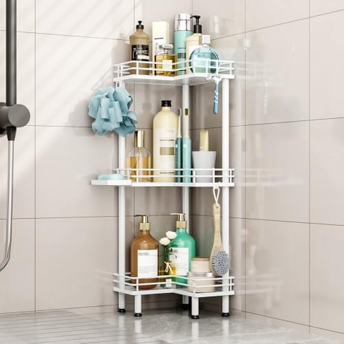 HapiRm Corner Shower Caddy Standing - 3 Tier Shower Organizer Corner with Soap Holder, Rustproof Bathroom Standing Organizer with 4 Hooks, White by HapiRm