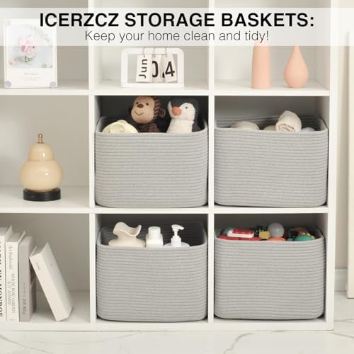 ICERZCZ Storage Baskets for Organizing & Shelves, Woven Cotton Rope Organization Bins for Dog Toys, Clothes, Books, Nursery Organizer, 15"Lx11"Wx9.5"H, (4 Packs) Grey - Image 6