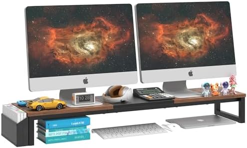 LAND·VOI Dual Monitor Stand Riser,41.5'' Long Monitor Stand for 2 Monitors, Wood Computer Riser with Pocket, Desktop Oraganizer with Pen Holder, Monitor Riser for Desk Computer,Laptop,TV, Rustic Brown by LAND%C2%B7VOI