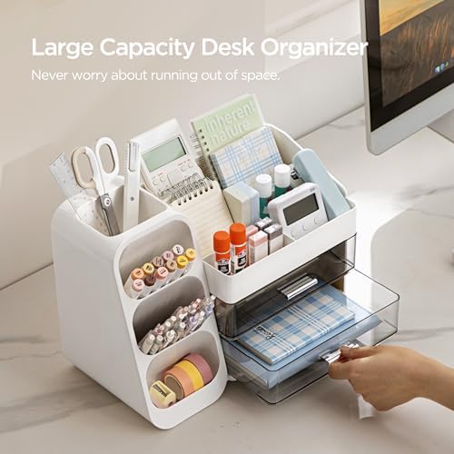 HBlife Desk Organizer with Pen Pencil Holder for Desk, Pen Organizer with 2 Drawers, Desk Organizers and Accessories with 4 Compartments, Desktop Storage for Office Home School Art Supplies, White - Image 2
