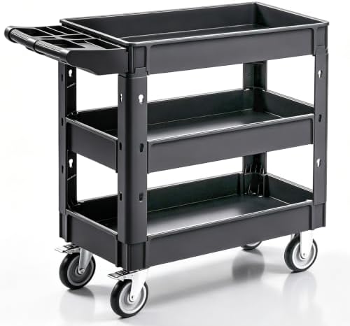 VEVOR Utility Cart, 3-Tier Plastic Service Cart with 550LBS Capacity, 360° Swivel Casters (Including 2 Locking Wheels), Medium Lipped Shelves, Ergonomic Handle, for Garage, Warehouse, Cleaning Tasks by VEVOR