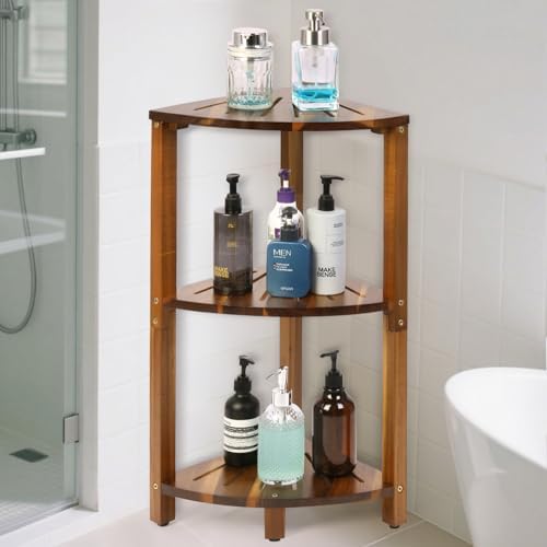 IBosins Corner Shower Caddy Standing 3-Tier Wood Shelf Bathroom Organizer - Image 4