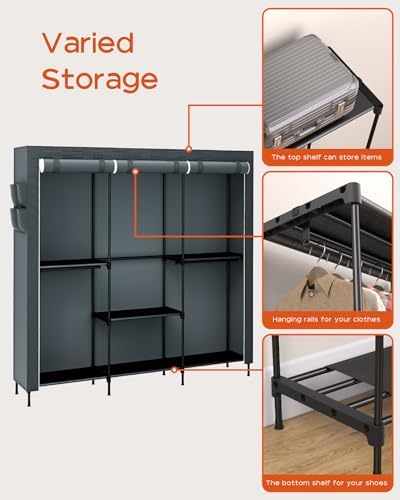 CASAMAYA Clothes Rack, Portable Closet, 81.5 Inch Large Capacity Wardrobe Closet, Clothes Storage Organizer with Shelves and 5 Hanging Rods, Easy to Assembly, Grey PCT136G01 - Image 6