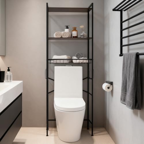Over The Toilet Storage Rack, 3-Tier Bathroom Organizer Shelf with Toilet Paper Holder & 3 Hooks, Freestanding Metal Over Toilet Storage Shelves for Small Bathroom Spaces, Brown - Image 3