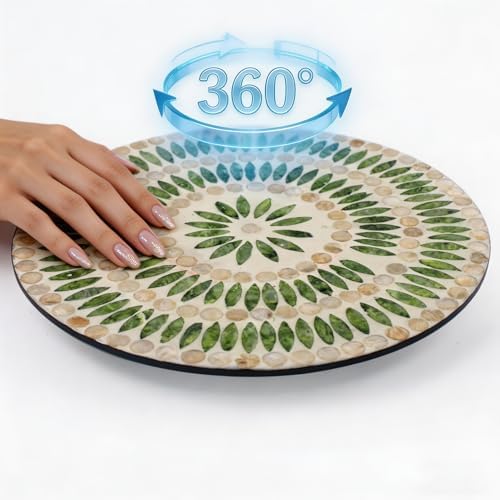 13.4" Mother of Pearl Lazy Susan, Table Centerpiece Round Shell Decorative Lazy Susan Turntable Rotating Tray Organizer for Cabinet Counter Gift Kitchen Office Cafe Home Decor (Dot Green) - Image 2