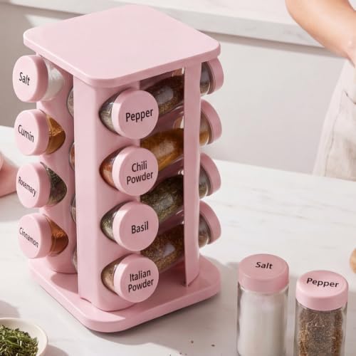 Yungyan Pink Square Rotating Spice Rack with 16 Empty Jars and Labels by Yungyan
