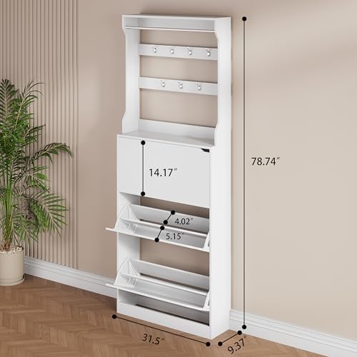 White Hidden Shoe Cabinet with 3 Flip Drawers & Coat Rack, Entryway - Image 2