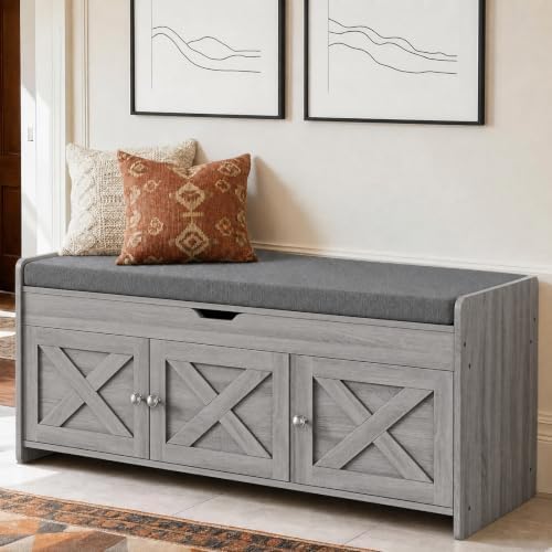 Amada 39.4" Shoe Storage Bench, Entryway Bench with Cushioned Seat, Gray by AMADAHOMEFURNISHING