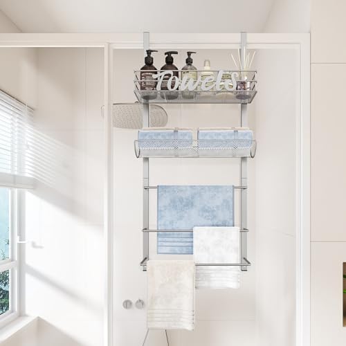 SWTYMIKI Over the Door Towel Racks for Bathroom - 5-Tier Wall Mounted Bathroom Towel Storage Organizer Holder with Metal Shelf, Sliver - Image 4