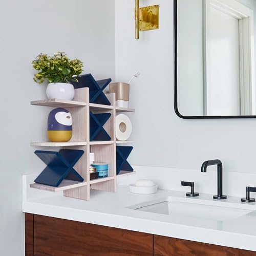 DAOYOUSKY Tic Tac Toe Toilet Paper Holder Stand with 4pcs Wooden X, Farmhouse Rustic Wall Mounted Funny Toilet Papers Storage Organizer with Shelf, Guest Bathroom Decor, White and Blue - Image 5