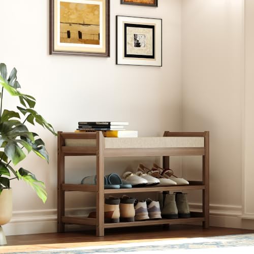 Entryway Shoe Rack Bench with Comfy Cushion, 28" Bamboo Storage Stool, 3-Tier Wooden Shoe Rack for Living Room Bedroom Hallway, Walnut Color - Image 7