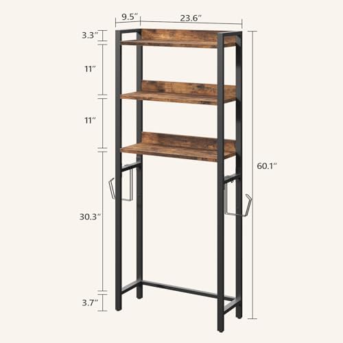 MAHANCRIS Over The Toilet Storage Rack, 3 Tier Bathroom Organizer Over Toilet, Freestanding Space Saver Toilet Stand with 2 Hooks, Bathroom Storage Shelf, Easy to Assemble, Rustic Brown TSHR6001 - Image 2