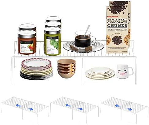 Redrubbit Cabinet Storage Shelf Rack, Expandable Metal Rustproof Kitchen Counter and Cabinet Shelf, Storage Rack Organizer Space Saver for Kitchen, Fridge, Cabinet, Bathroom, White, Set of 4 by Redrubbit