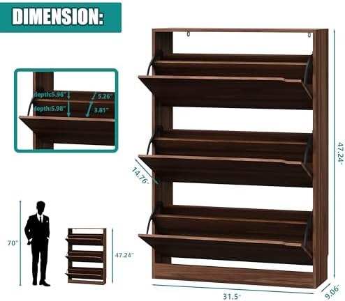 Xixini Shoe Storage Cabinet for Entryway with 3 Flip Drawers, Sturdy Wood Hidden Shoe Storage, Freestanding Narrow Slim Shoe Organizer for Front Door Entrance, Living Room, Hallway, Bedroom, Walnut - Image 2