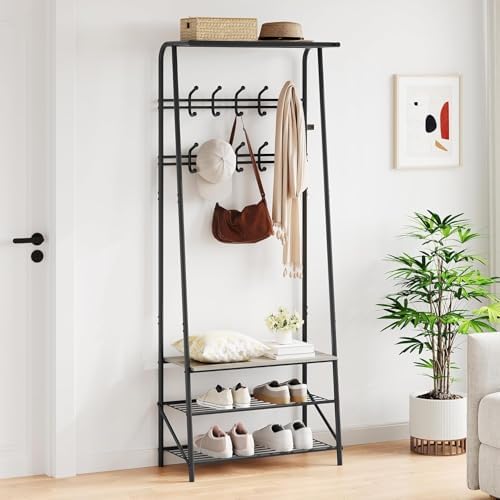 OUTLANE Entryway Hall Tree with 10 Hooks, Shoe Bench & Storage Shelf, Coat Rack Organizer with Wood Accents and Metal Frame for Entryway, Living Room, Bedroom, Gray-Double row - Image 4