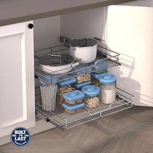 JOWBOOW 2-Tier Pull Out Cabinet Organizer, 26" W x 22" D, Chrome - Image 2