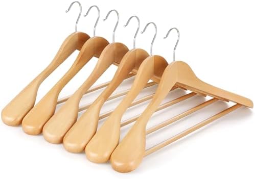 TOPIA HANGER Wide Shoulder Wooden Hangers, Suit Hangers with Non Slip Pants Bar & 360° Swivel Hook, Solid Wood Heavy Duty Coat Hanger, 6 Pack (Natural)-CT02NA by TOPIAHANGER