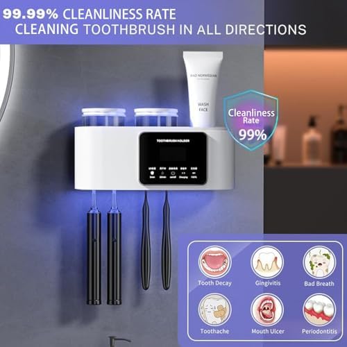 Smart Toothbrush Holders for Bathrooms,Electric Toothbrush Holders with Solar Charging,Toothbrush Holder Wall Mounted with 2 Cups and 4 Brush Slots (White) - Image 2