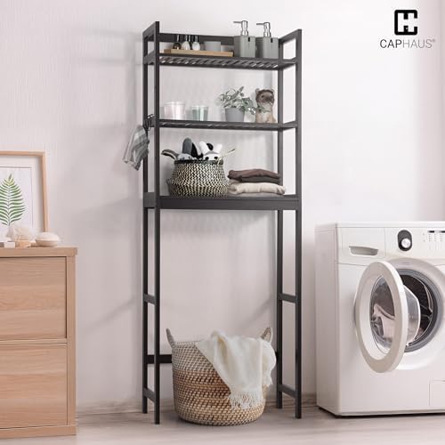 CAPHAUS Over The Toilet Storage Shelf,3-Tier Over-The-Toilet Shelf Rack with Adjustable Feet & Hooks, Freestanding Bamboo Toilet Shelf, Bathroom & Laundry Organizer, Balcony Plant Stand, Black - Image 6