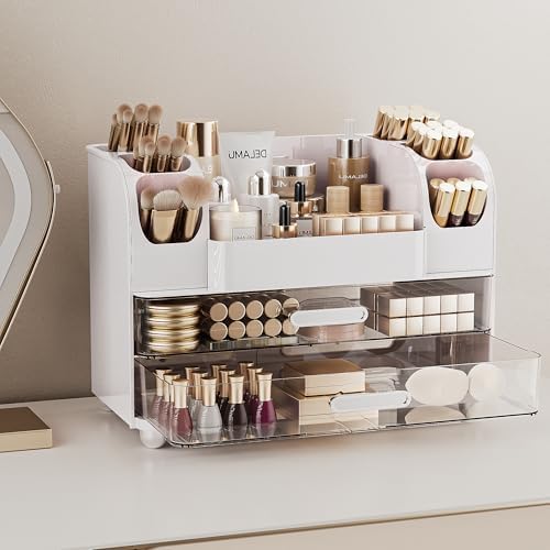 Delamu Large Makeup Organizer Countertop with 6 Brush Holders, White - Image 2