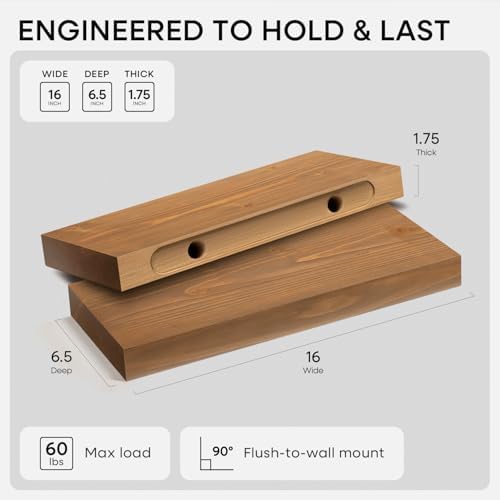 Homeforia 16 Inch Floating Shelves, High-End Solid Pine Wood, Set of 3 - Image 2