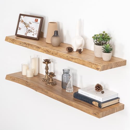 Floating Shelves for Wall, Live Edge 40"W x 9.3"D x 1.5"H Wood Floating Shelf, Set of 2 with Invisible Heavy-Duty Metal Bracket, Deep Floating Shelf for Living Room Kitchen, Natural Finish by FunMemories