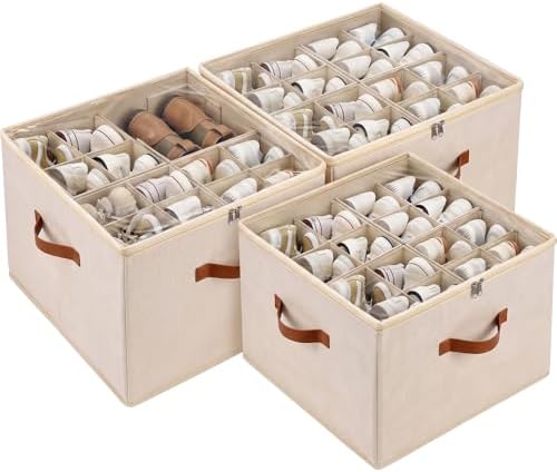 Shoe Storage Organizer 3 Pack with Clear Cover and Adjustable Dividers – Fabric Shoe Organizer for Closet Fits 24-48 Pairs, Space-Saving Shoe Organizer Box, Dustproof & Reinforced by MECINFUL