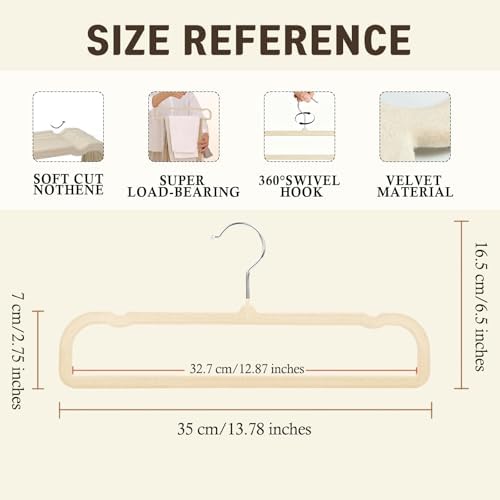 Pants Hangers Non Slip - 20 Pack Velvet Hangers for Closet - Thin Space Saving Clothes Hanger - Strong, Durable, Perchas Terciopelo with 360° Rotatable Hook for Jean, Tank Top, Bra, Shorts (Beige) - Image 2