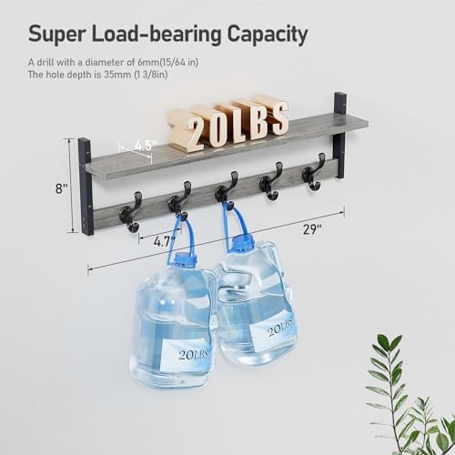 Tatub 29" Rustic Coat Rack Wall Mount with Shelf, Heavy Duty Wall Hooks with Shelf, Entryway Rustic Hat Rack Wall Coat Hangers for Living Room, Hallway, Kitchen - Image 6