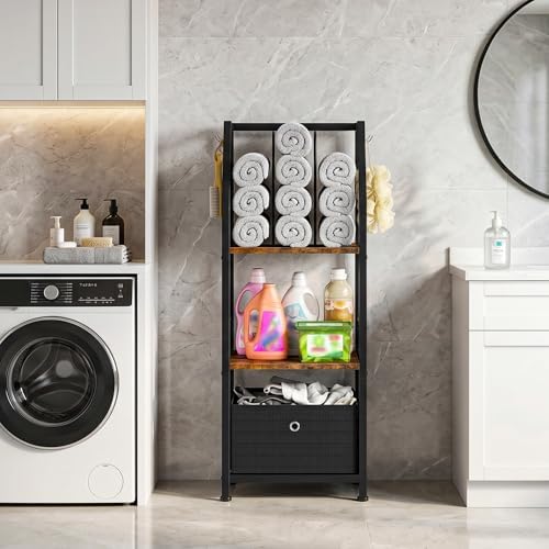 CHOEZON 3-Tier Towel Rack Freestanding, Towel Rack with a Fabric Drawer, 2 M-Shaped Metal Dividers and 4 Hooks, Bathroom Towel Storage Shelf, Towel Storage for Bathroom, Rustic Brown and Black TCJ29BF - Image 2