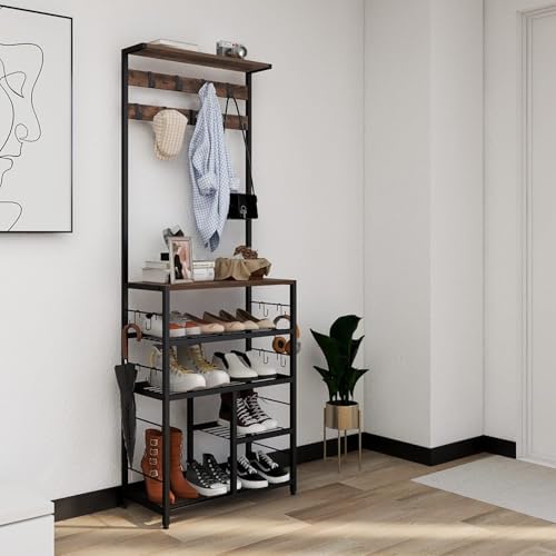 GiftGo Vintage Large 5-Tier Hall Tree with Console Table Entryway Coat Rack Floor Standing Shoes Rack Storage Shelf Organizer for Home Office Bedroom (Rustic Brown) - Image 7