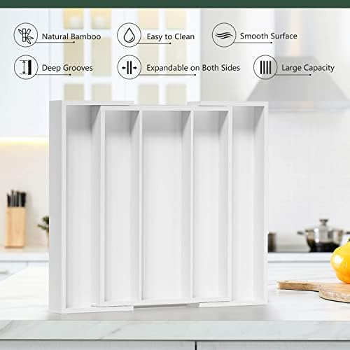 Utensil Organizer for Kitchen Drawers - Bamboo Silverware Tray Expandable 5 Slots Drawer Organizer for Office and Pantry Supplies W13.7-19.9" x L17.6 X H2.5 (White) - Image 3