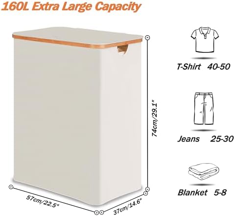efluky Laundry Hamper 3 Section with lid and 3 Removable Bags, Beige - Image 2