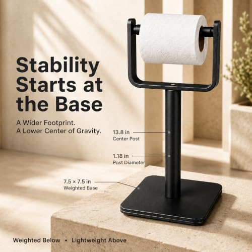 Toilet Paper Holder Stand – Heavy Duty Weighted Base, Free Standing Anti-Tipping, Matte Black - Image 3