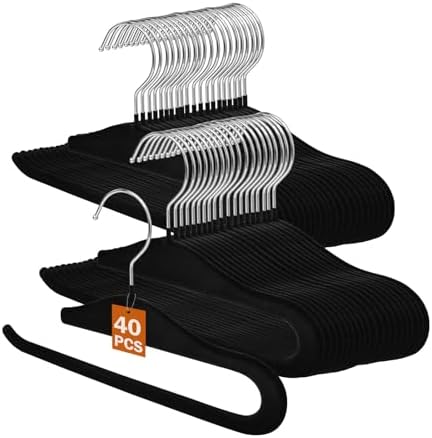 Velvet Hangers Non Slip,40 Pack Space Saving Pants Hangers,Thin Space Saving Clothes Hanger for Closet, Durable Heavy Duty Hanger with 360 Swivel Hook for Pants Towel Jeans(Black) by SOULNAMAN