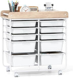 Giantex Rolling Storage Cart with 10 Drawers, Utility Cart w/Wooden Tabletop, Handle, Lockable Wheels, Multipurpose Organizer for Art Craft Scrapbooks Paper, Drawer Carts for Dorm School Office, White by Giantex