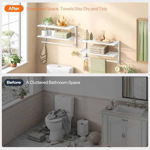 HOOBRO 23.8" Towel Rack for Bathroom, 3 Tier Towel Shelf with Tower Bars, Bathroom Storage Organizer for Towels and Toiletries, Towel Holder Wall Mounted with 2 Hooks, White WT08LB01 - Image 5