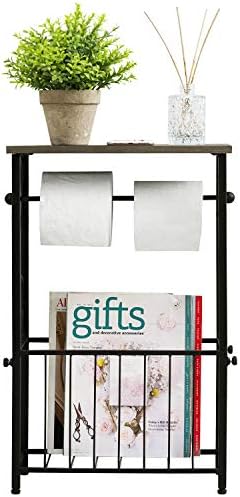 MyGift Toilet Paper Holder Stand with Magazine Rack, Gray Wood Shelf - Image 7