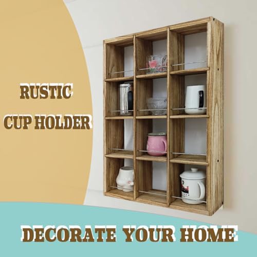12 Grid coffee mug display shelf, 17x25" Wooden cup shelf for wall, Carbon - Image 6