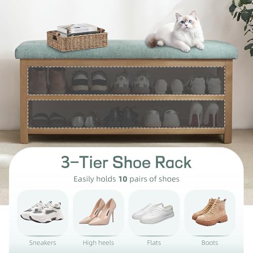 Zihanhome Shoe Rack Bench with Cushion, 2 Tier Solid Wood Storage Bench, Mid-Century Modern Shoe Bench for Entryway, Hallway, Closet, Front Door Entrance, Foyer (Teal, 46.5") - Image 6