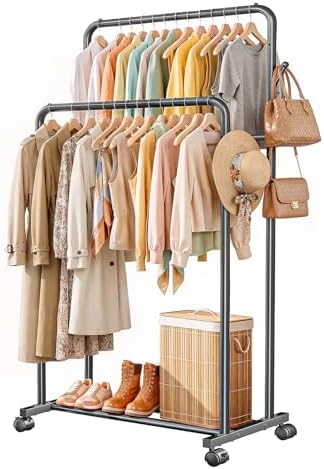Delamu Clothes Rack Double Rods, Black, 65''Hx32''W by DELAMU