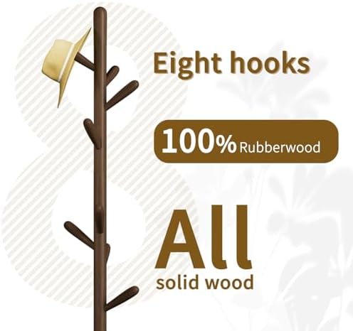 Solid Wood Square Base Coat Rack, Free Standing Hall Coat Tree with 8 Hooks（+2 spare) for Coats, Hats, Bags, Purses, for Entryway, Hallway, Rubberwood Hooks,Base and Pole,(Square Base, Dark Walnut) - Image 2