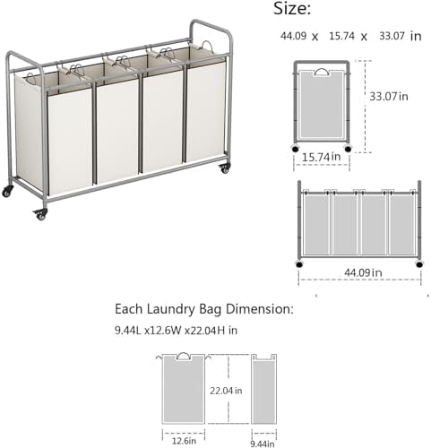 LINZINAR 4 Section Laundry Hamper, Beige Laundry Basket 180L Laundry Sorter - Image 6
