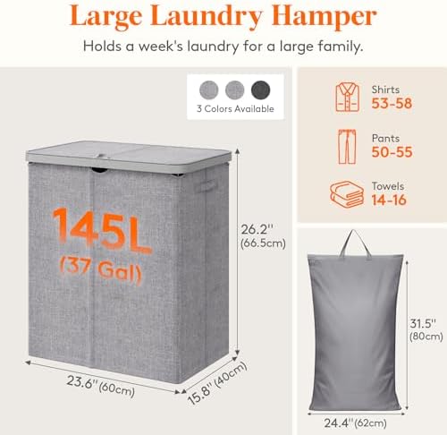 Lifewit 145L Large Laundry Basket with Lid, Laundry Hamper with Plastic Handles and Removable Bag, Foldable Tall Dirty Clothes Hampers for Laundry for Laundry Room, Bedroom, Bathroom, Dorm, Light Gray - Image 4