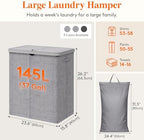 Lifewit 145L Large Laundry Basket with Lid, Laundry Hamper with Plastic Handles and Removable Bag, Foldable Tall Dirty Clothes Hampers for Laundry for Laundry Room, Bedroom, Bathroom, Dorm, Light Gray - Image 4