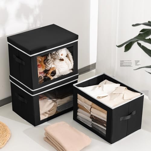 Homsorout Storage Bins with Lids, 4 Pack Large Storage Cubes with Window, Closet Bins with Lids & Handles, Fabric Box for Organizing Clothes, Towels, Books, Black - Image 3