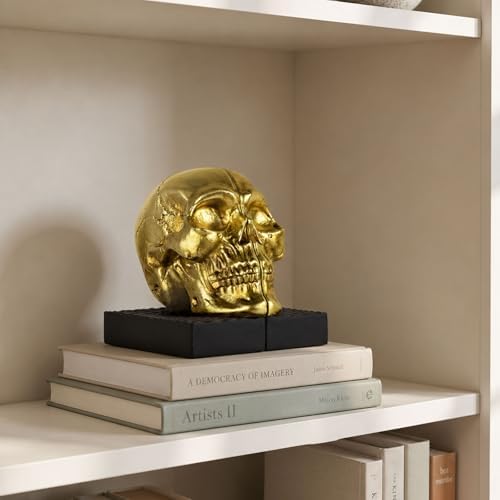 Skull Book Ends, Decorative Bookends for Shelves, Vintage Style Skull Bookend Design Resin Skeleton Human Head Statue Halloween Décor (Gold) - Image 3