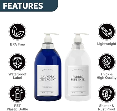 Calindiana Modern Farmhouse Liquid Laundry Detergent and Fabric Softener Dispenser for Laundry Room Decor and Organization, PET Plastic Landry Soap Containers with Water Resistant Labels, Clear 64oz - Image 2