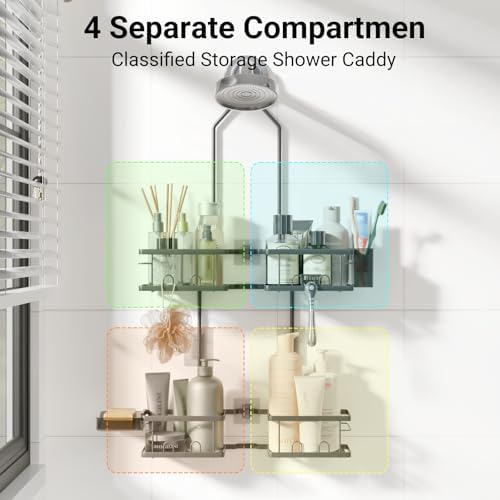 Adjustable Shower Caddy Hanging Rustproof Shower Caddy for Handheld Showerheads, Shower Organizer with Hooks Soap Holder, Anti-Swing Shower Rack Bathroom Accessories (Grey) - Image 5